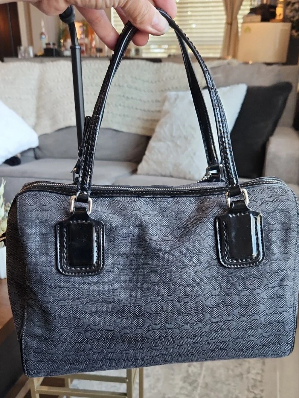 Coach Poppy Signature C Mini Oxford Satchel in dark grey and black